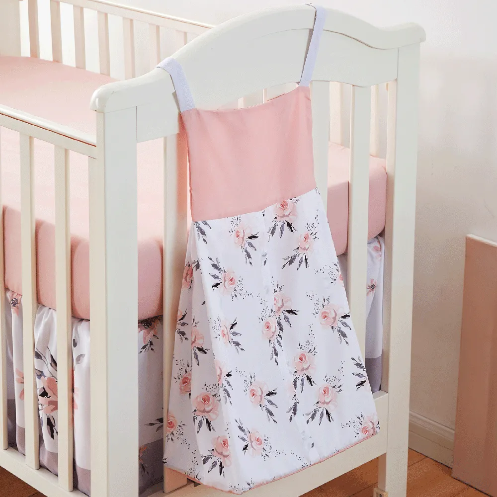 4-Piece Baby Quilt Crib Bedding Set for Boys and Girls - Includes Blanket, Crib Skirt, Crib Sheets, and Diaper Stacker - Soft Pink Flower Baby Bedding Ensemble
