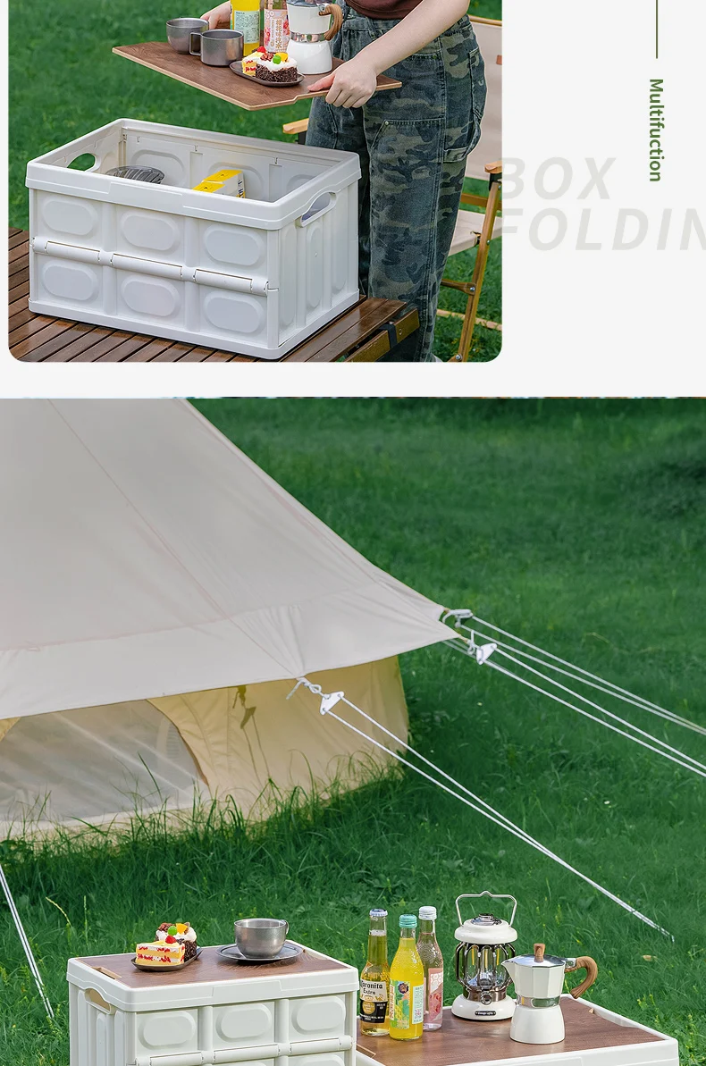Portable Foldable Storage Box with Wooden Lid for Camping and Car Organization – Household Food Organizer with Large Capacity