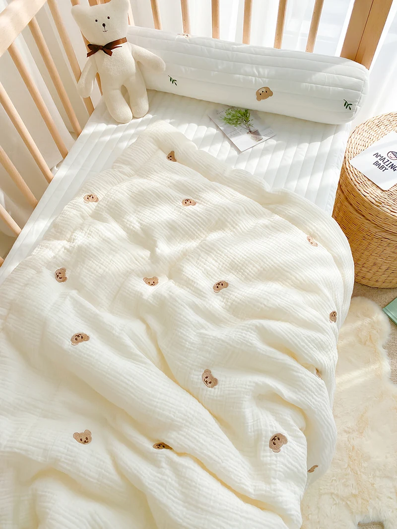 Cartoon Bear Cream Toddler Quilt - Pure Cotton Baby Blanket for Warmth in Four Seasons - Newborn Swaddle, Wrapped Bedding 1X1.2M